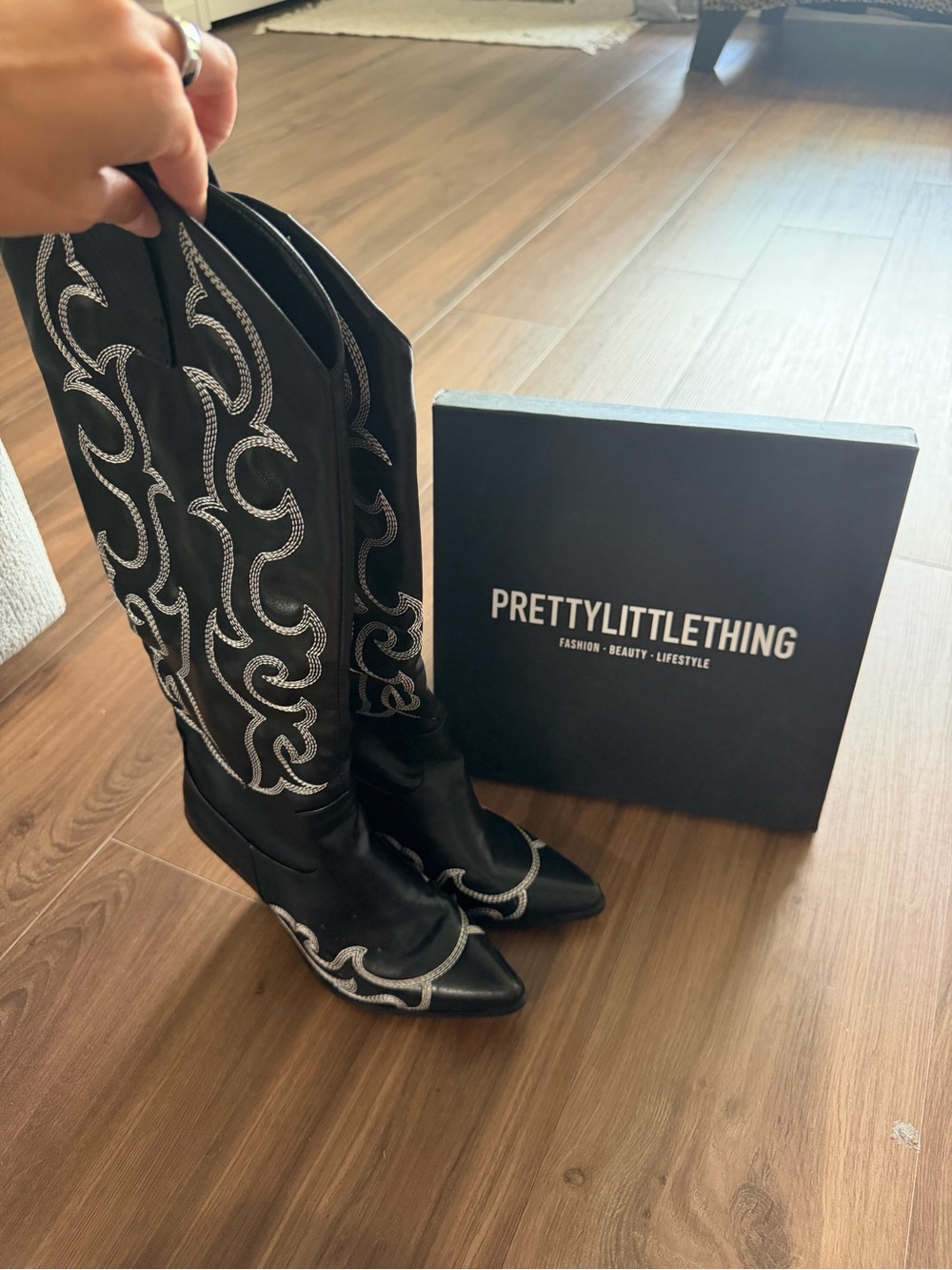 PrettyLittleThing Black Western Knee-High Boots with Silver Embroidery